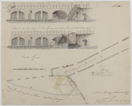 214868 Opstanden van de werfmuren langs de Oudegracht te Utrecht ter hoogte van de Stadhuisbrug alsmede een plattegrond ...